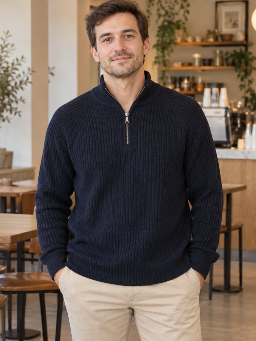 Quince Mongolian Cashmere Ribbed Quarter-Zip Mock-Neck Sweater - Navy L